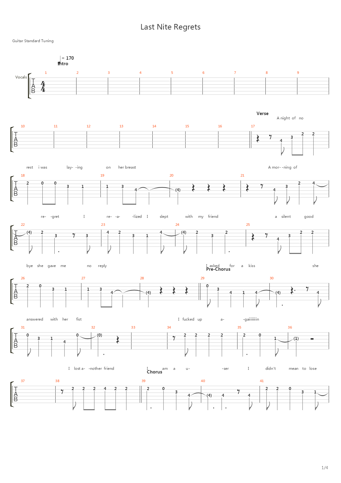 Last Nite Regrets吉他谱