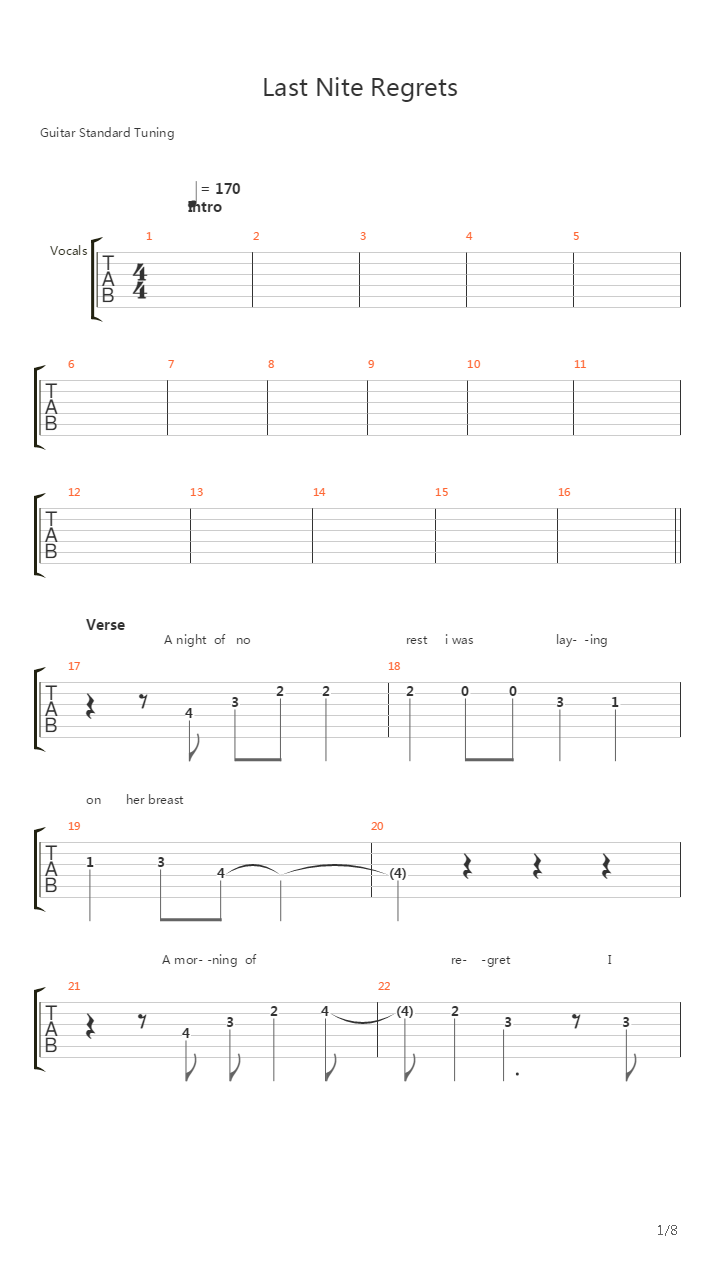 Last Nite Regrets吉他谱