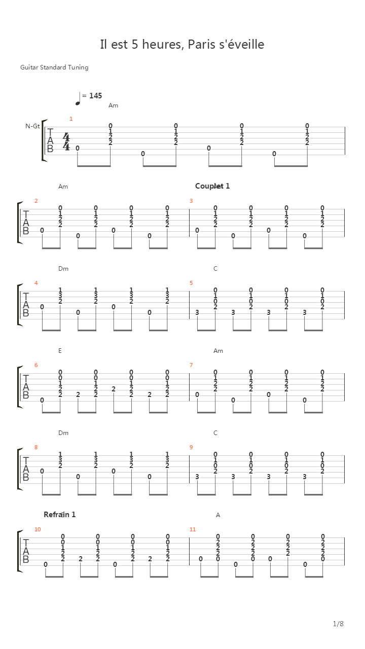Il Est Cinq Heures Paris S Eveille吉他谱