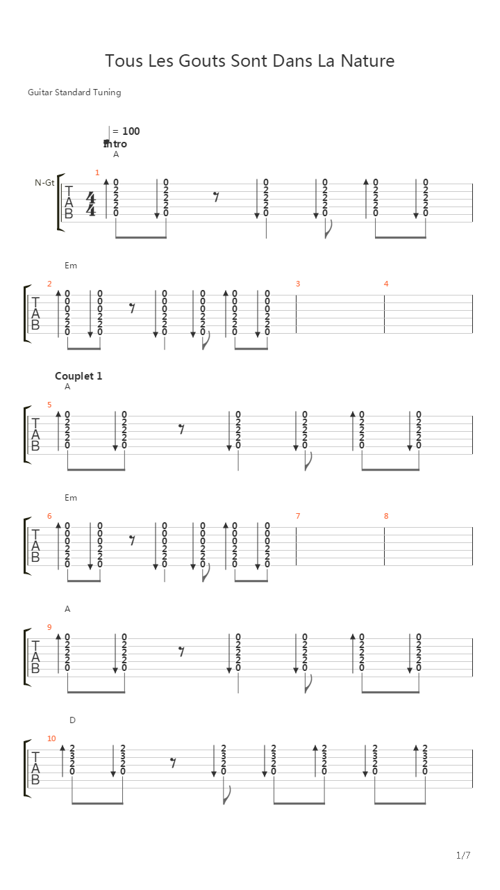 Tous Les Gouts Sont Dans La Nature吉他谱