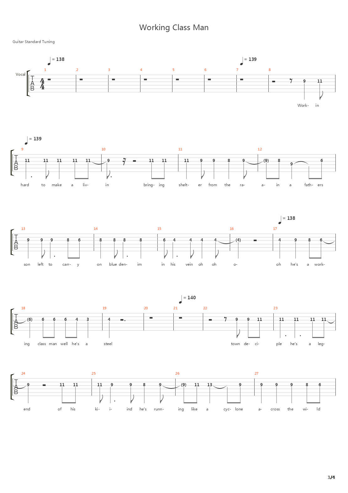 Working Class Man吉他谱