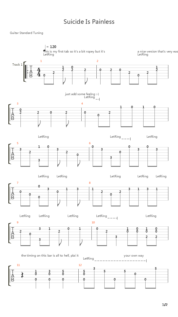 Suicide Is Painless吉他谱