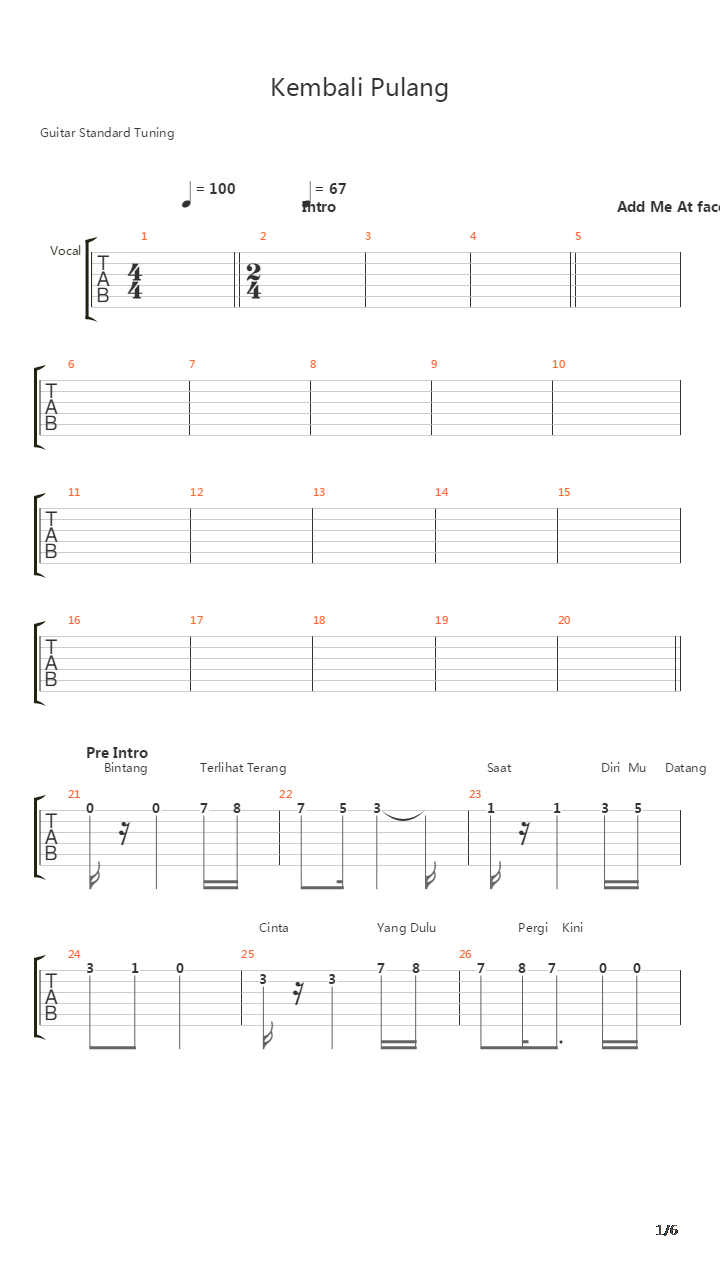 Kembali Pulang吉他谱