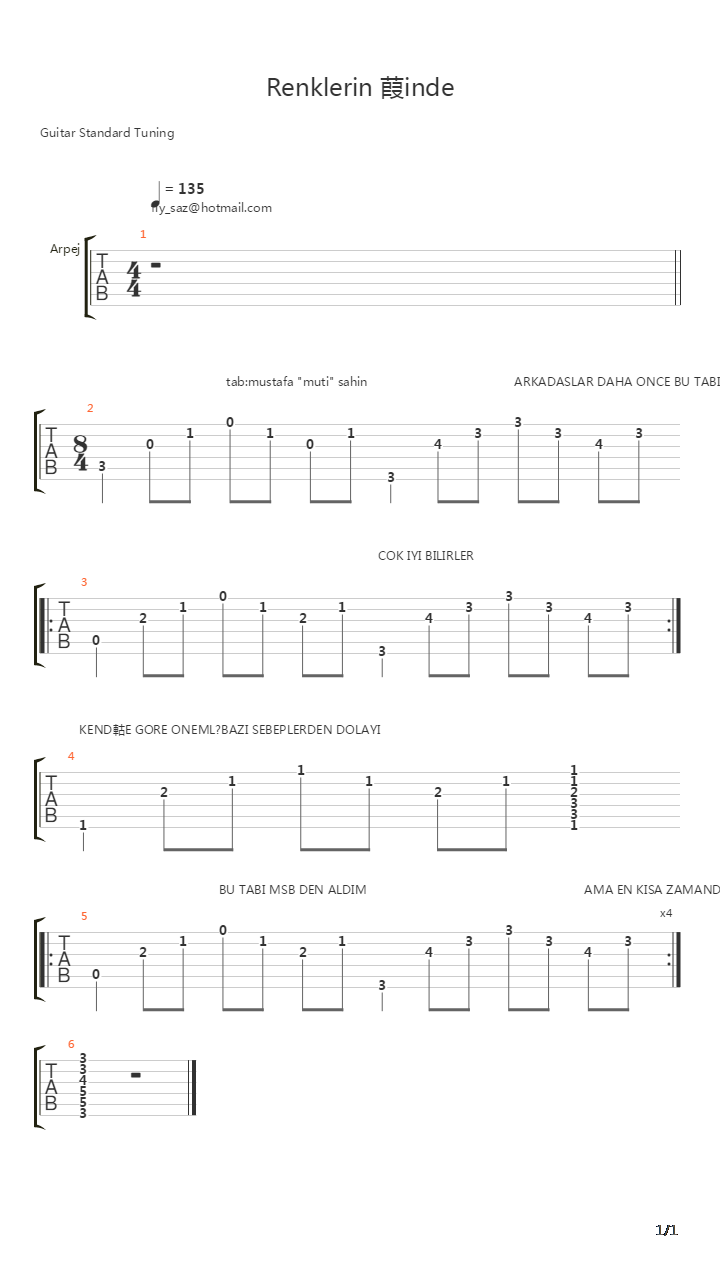 Renklerin Icinde吉他谱