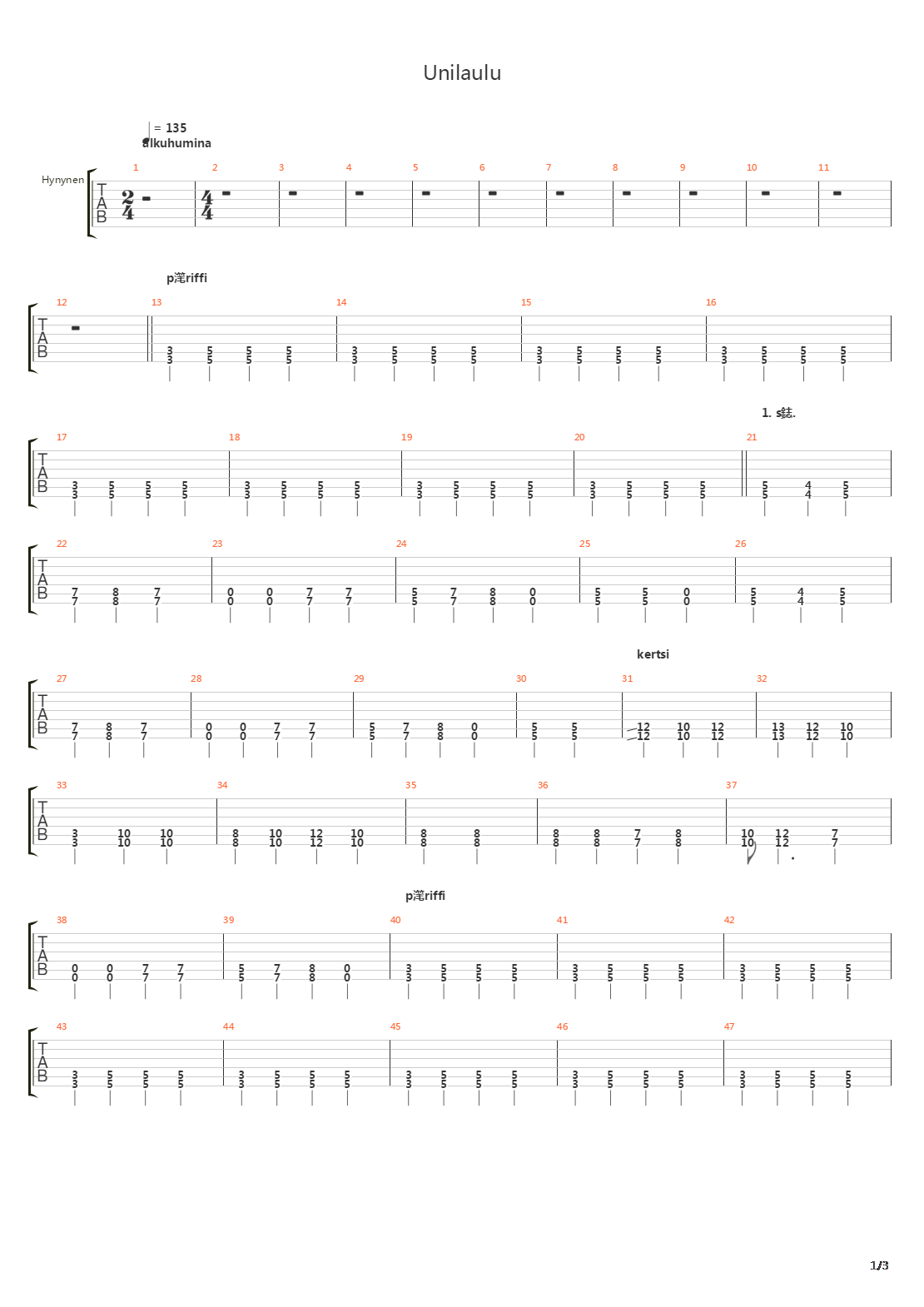 Unilaulu吉他谱