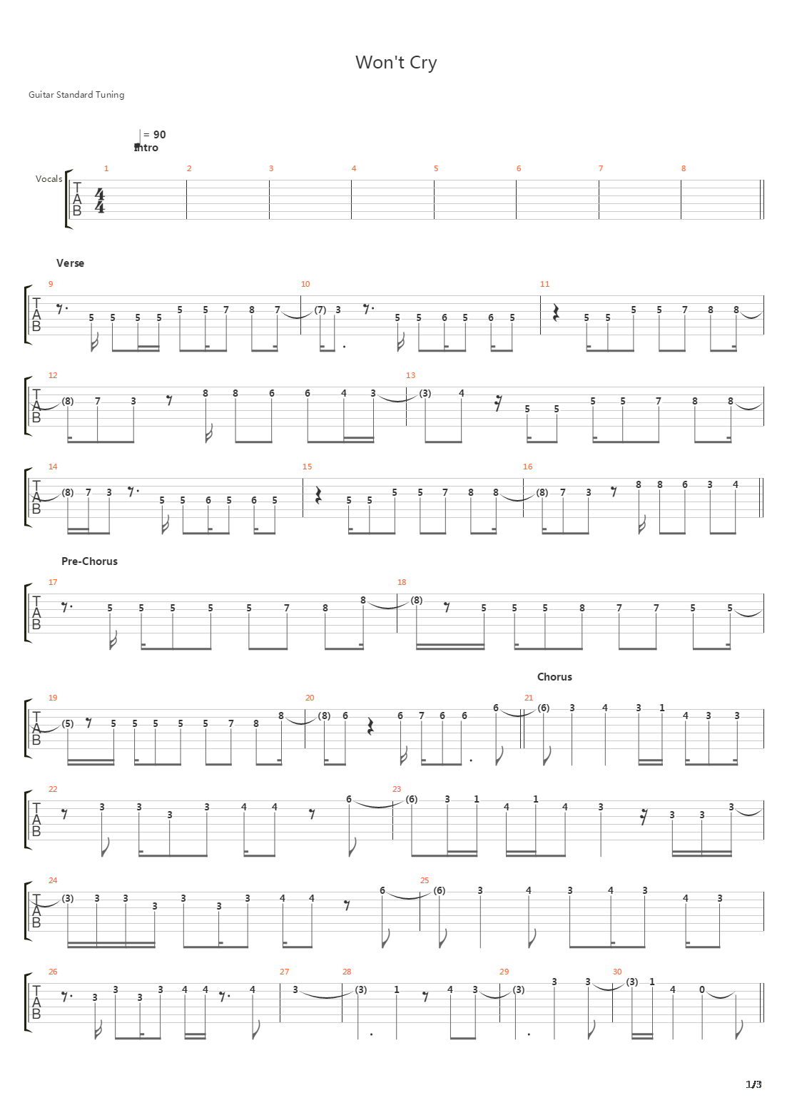 Wont Cry吉他谱