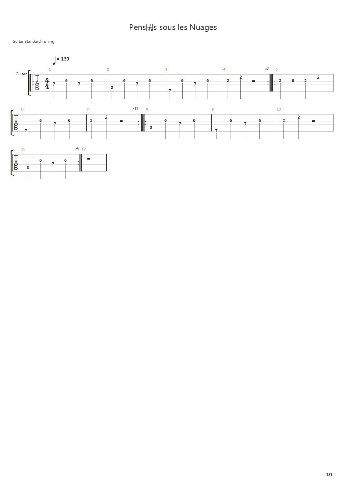 Penses Sous Les Nuages吉他谱