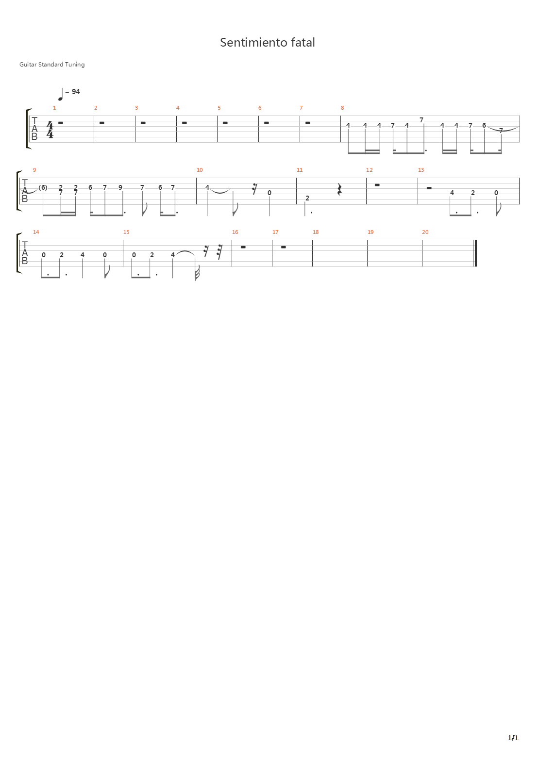 Sentimiento Fatal吉他谱
