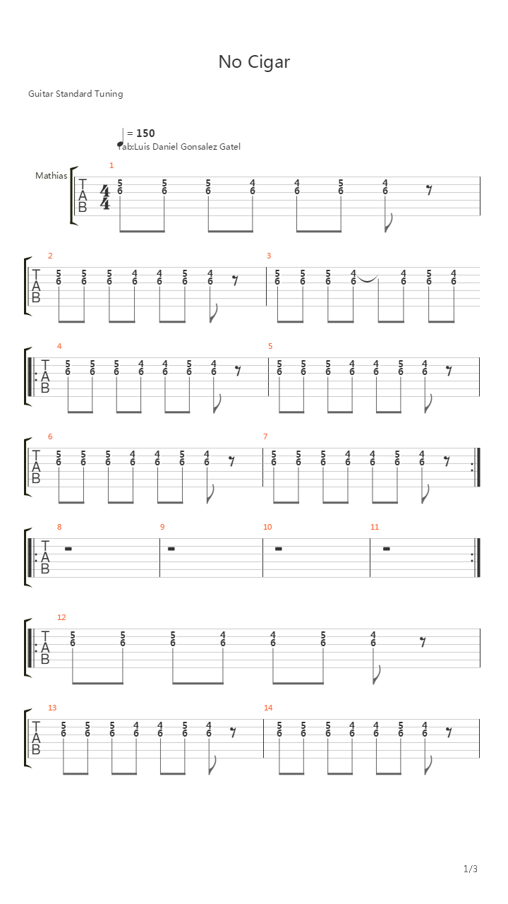 No Cigar吉他谱