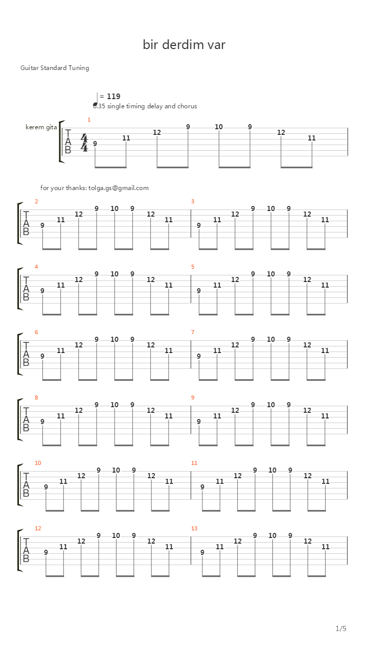 Bir Derdim Var吉他谱