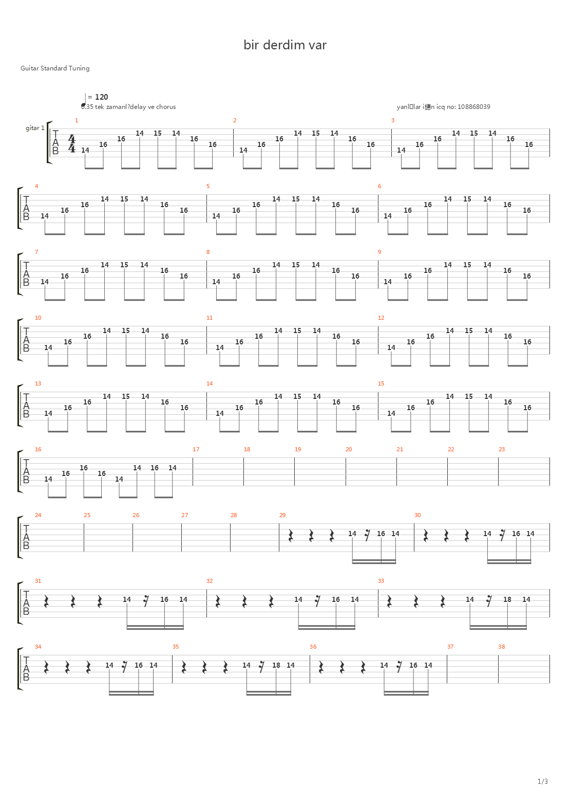 Bir Derdim Var吉他谱