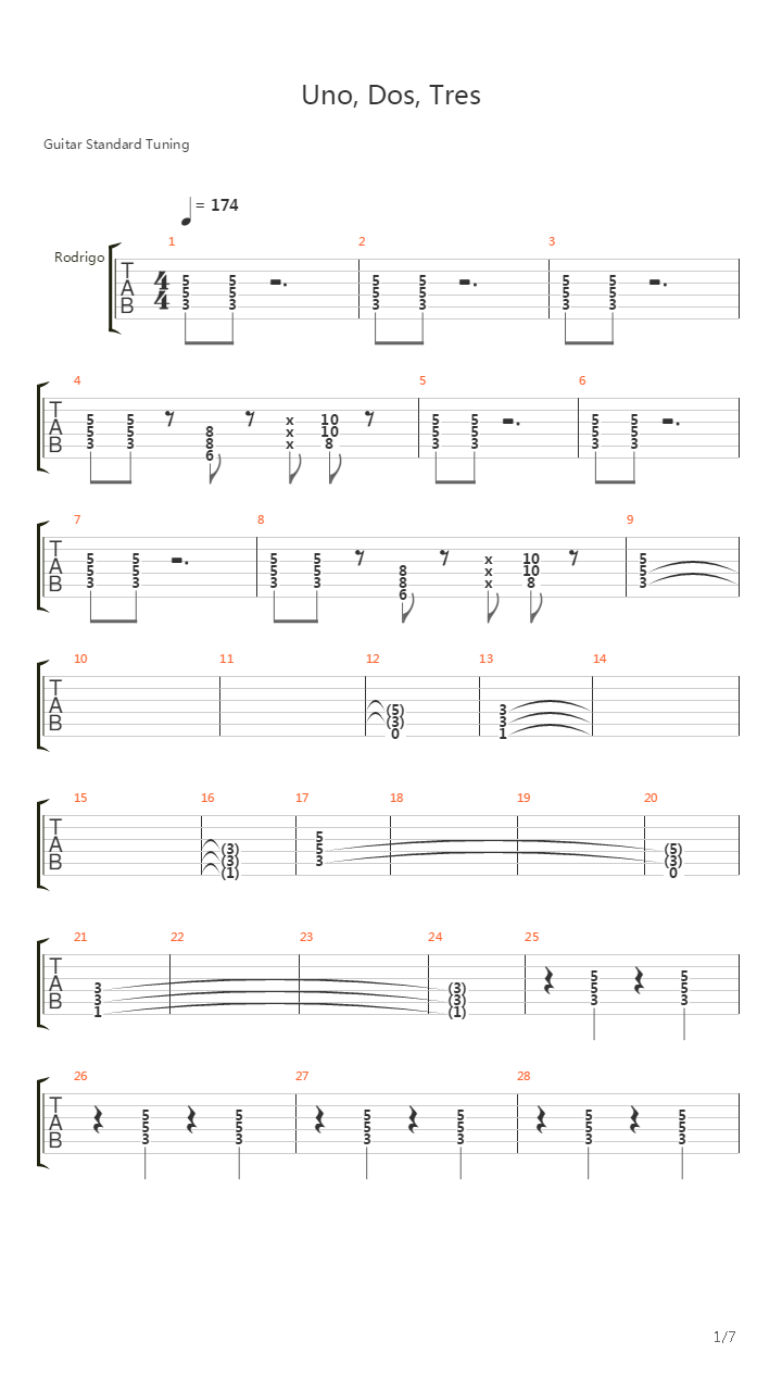 Uno Dos Tres吉他谱