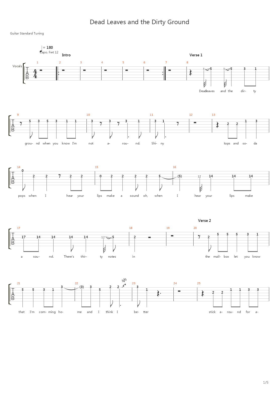 Dead Leaves And The Dirty Ground吉他谱