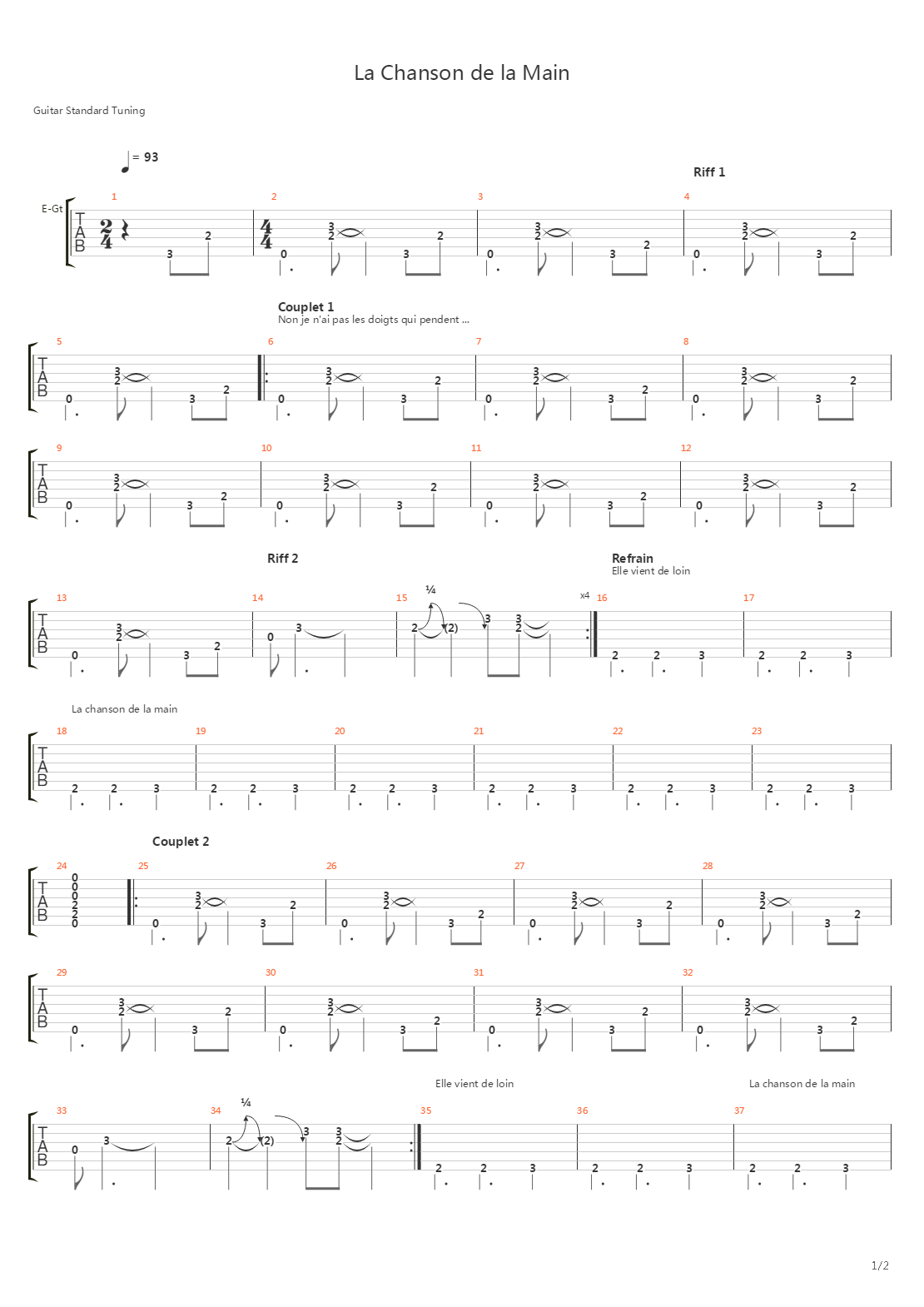 La Chanson De La Main吉他谱