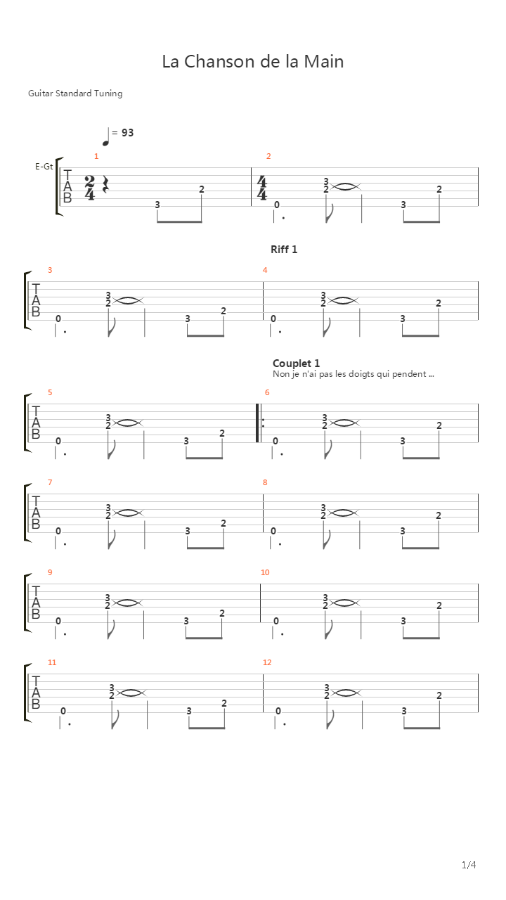 La Chanson De La Main吉他谱