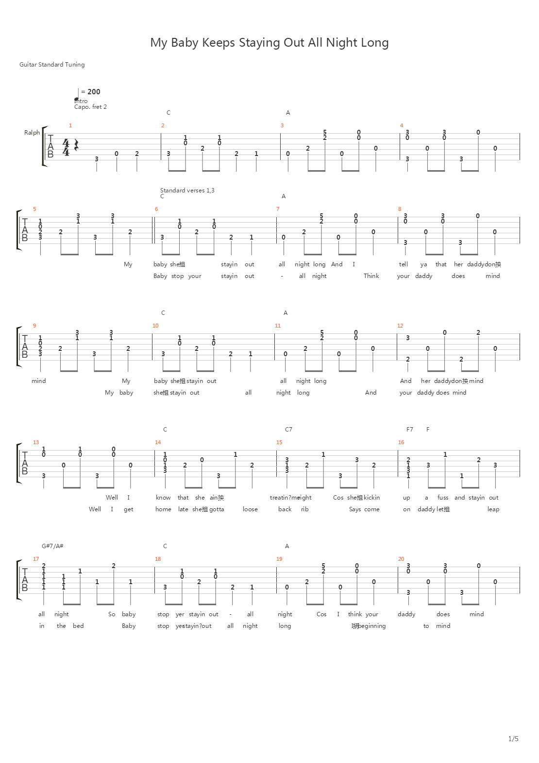 My Baby Keeps Staying Out All Night Long吉他谱