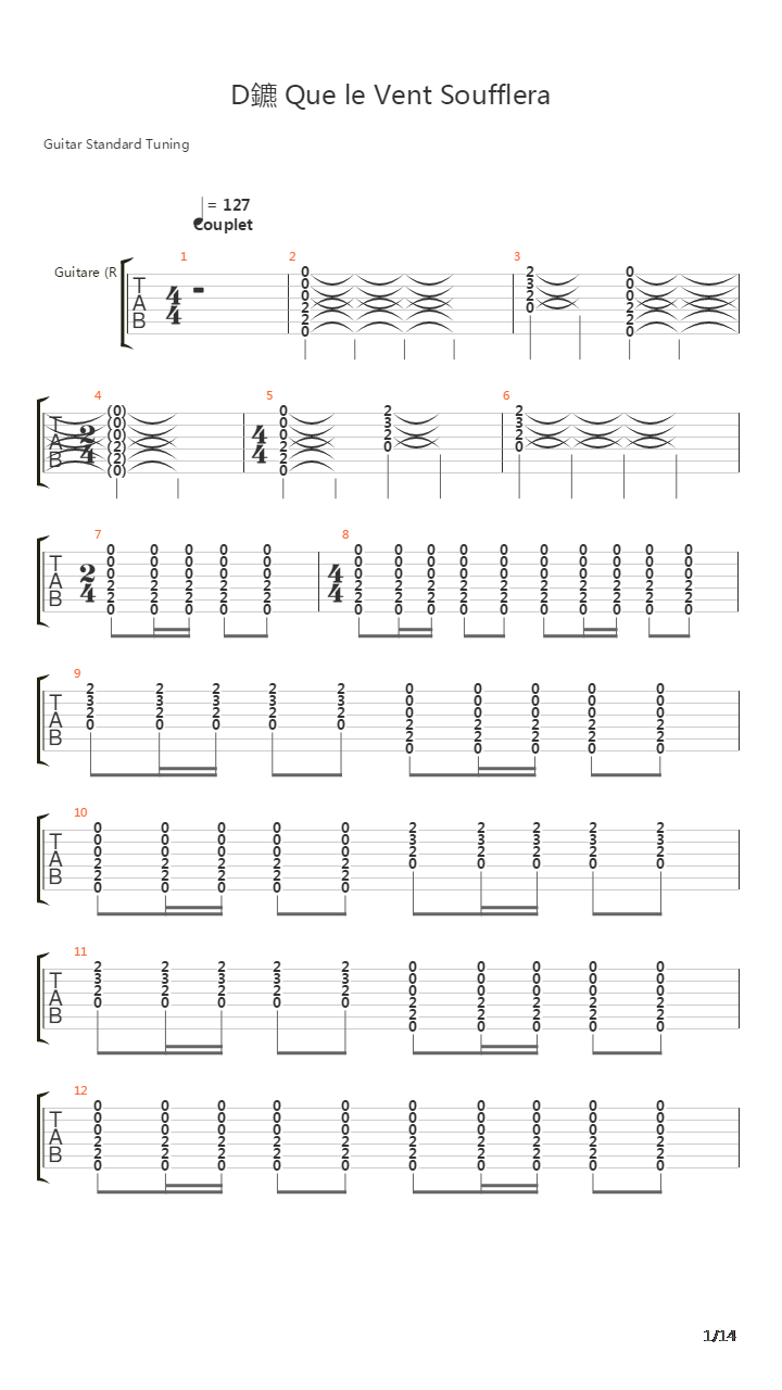Des Que Le Vent Soufflera吉他谱