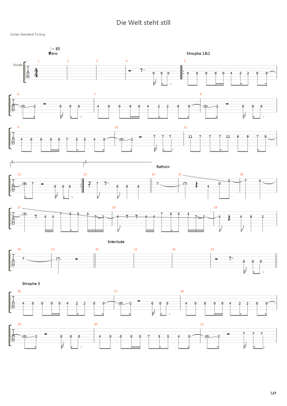 Die Welt Steht Still吉他谱