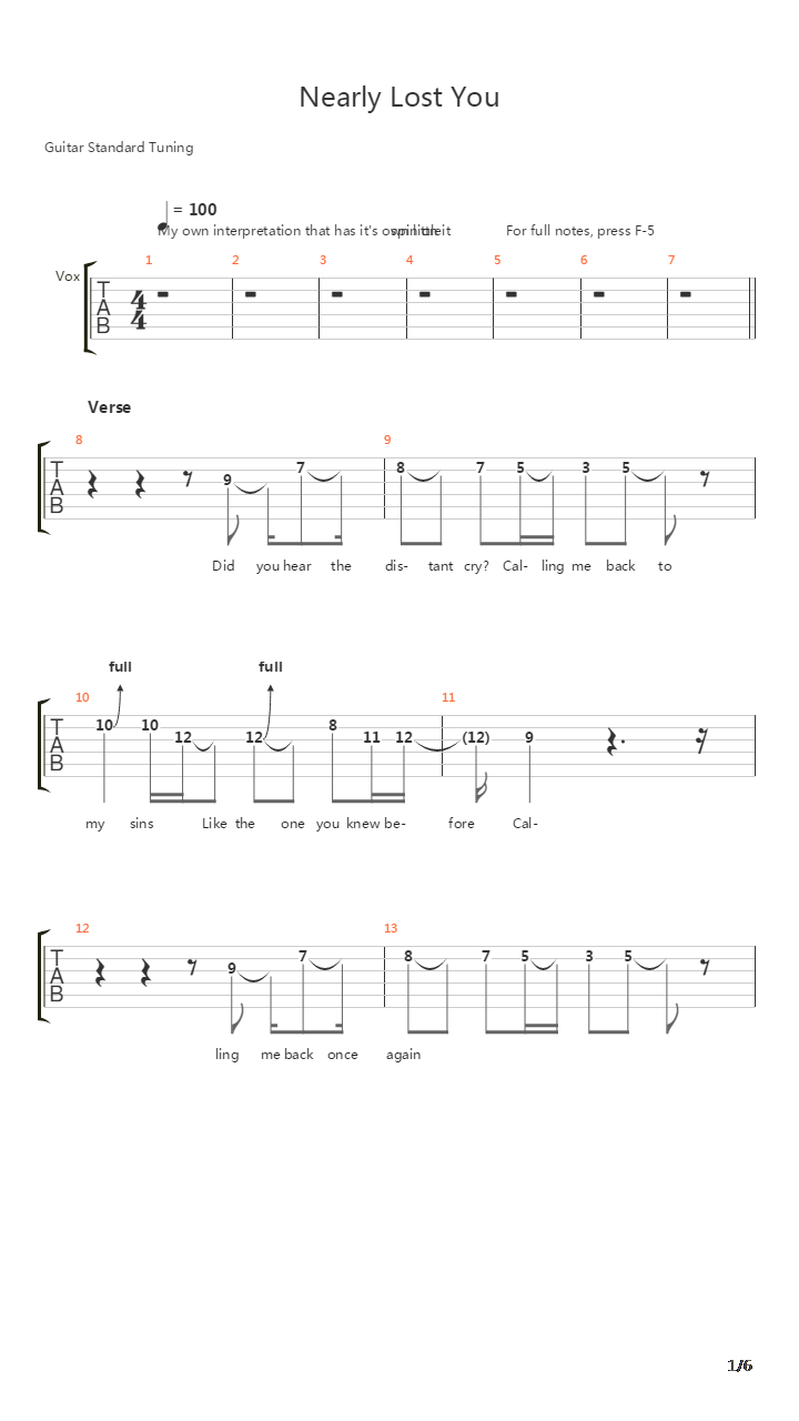 Nearly Lost You吉他谱