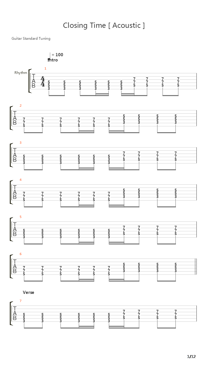 Closing Time Acoustic吉他谱