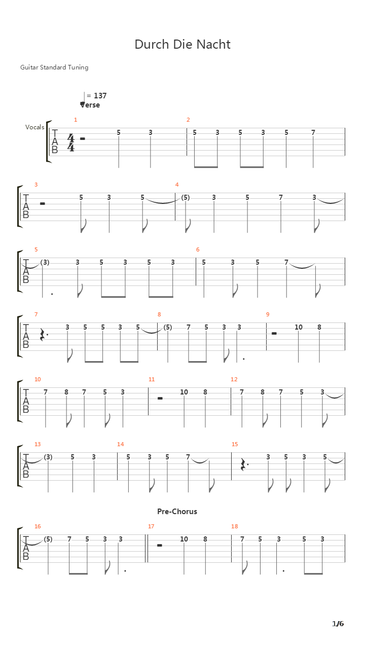 Durch Die Nacht吉他谱