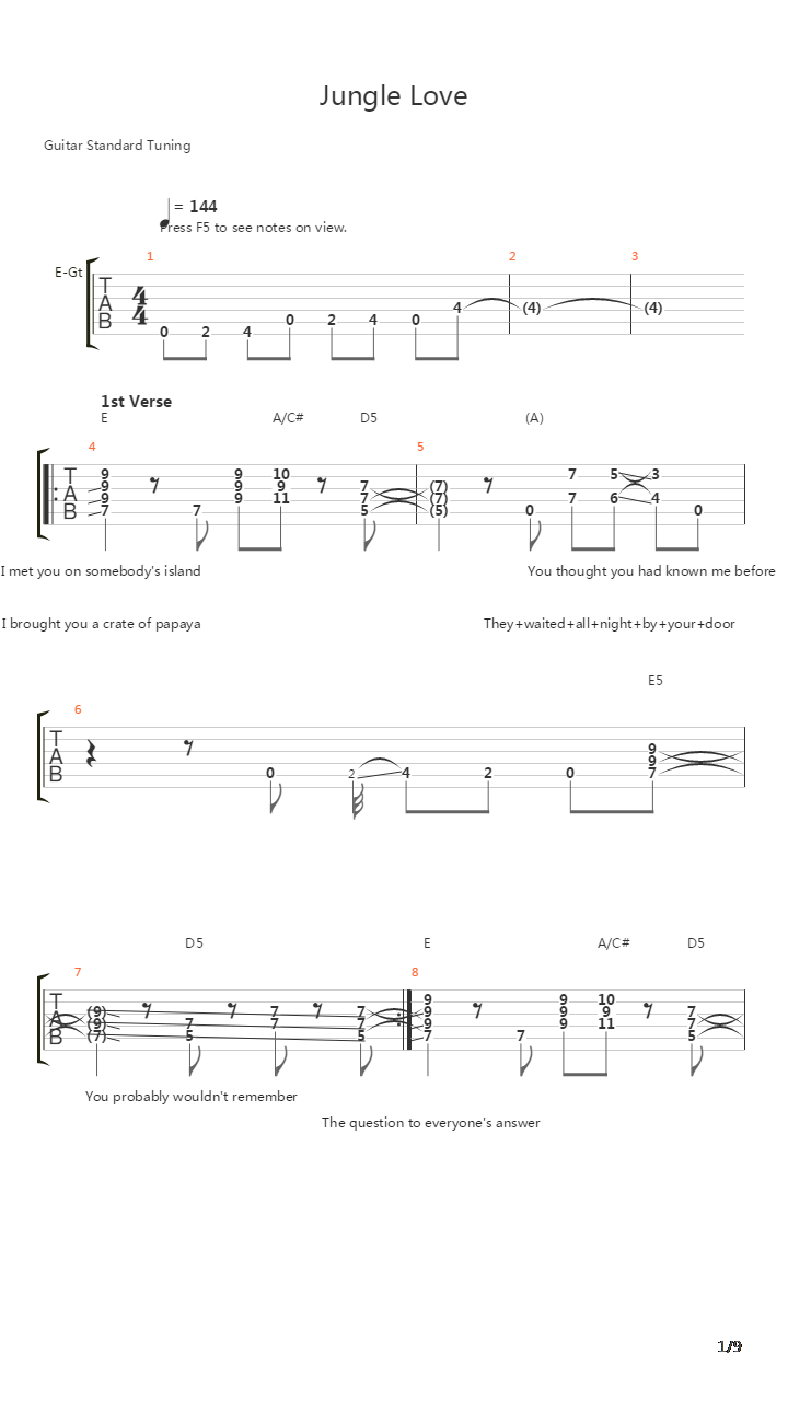 Jungle Love吉他谱