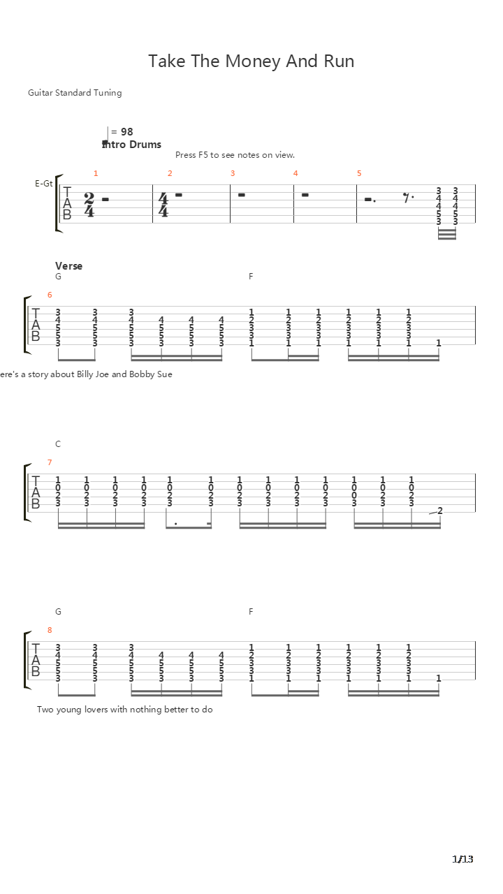 Take The Money And Run吉他谱
