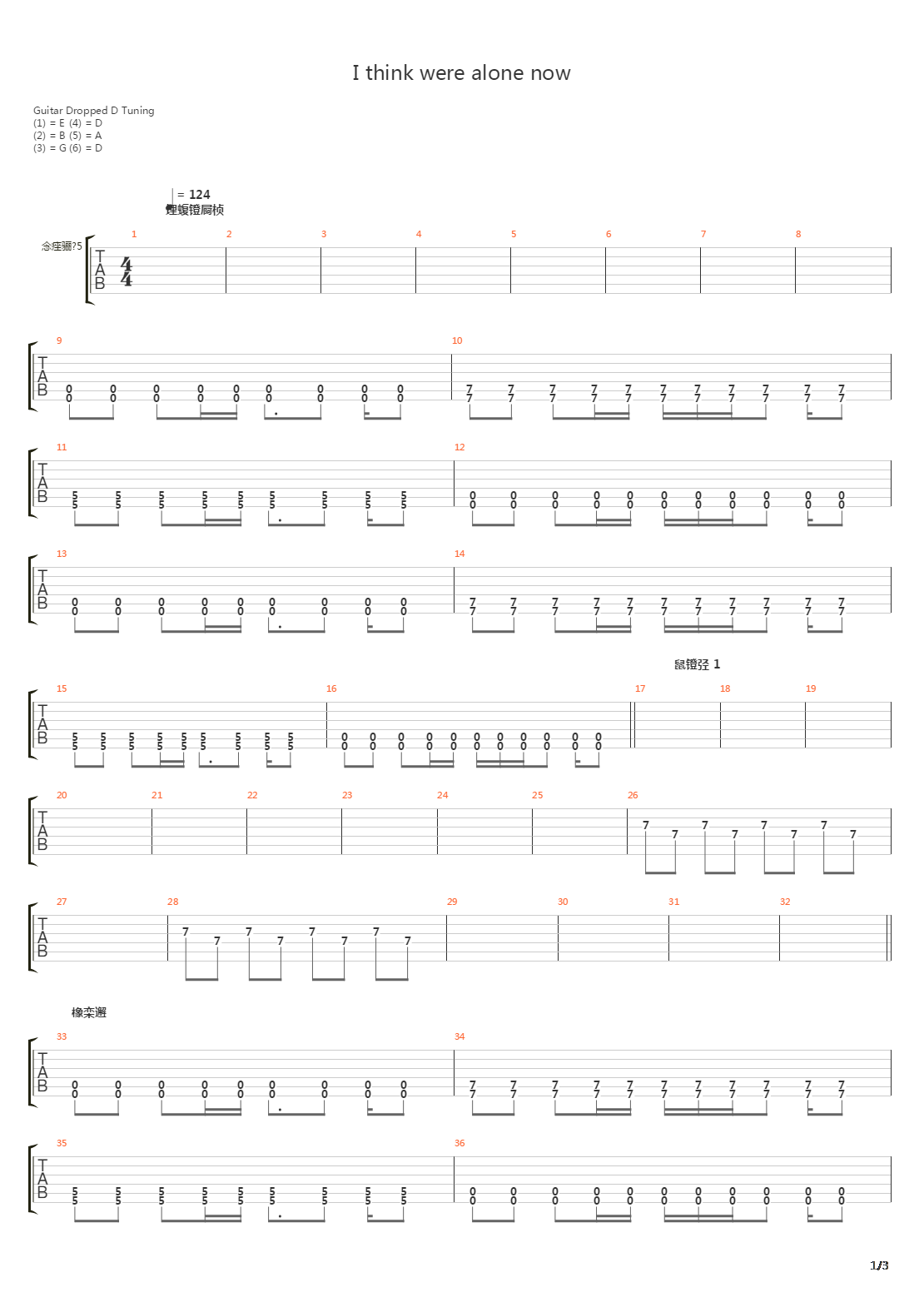 I Think Were Alone Now吉他谱