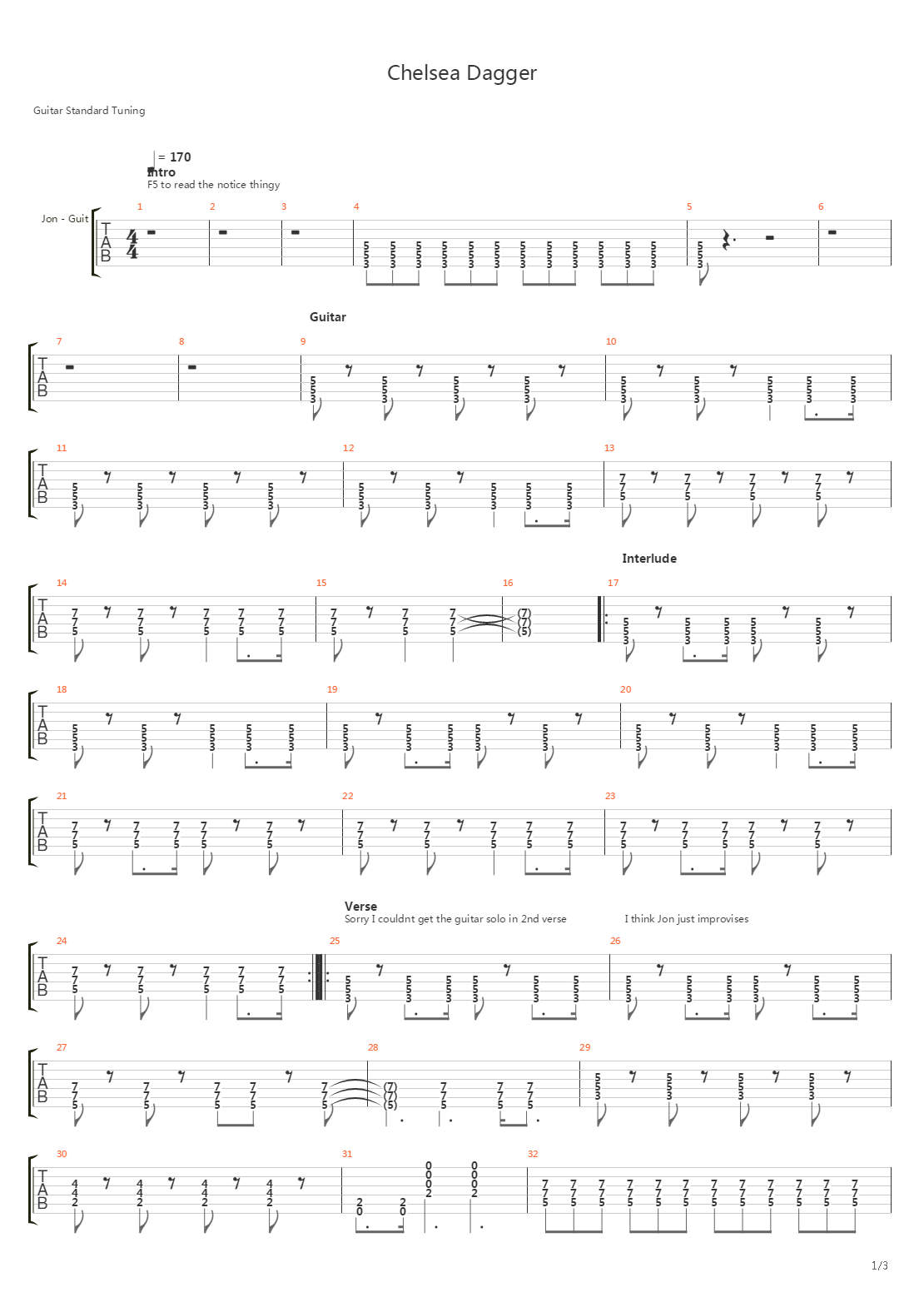 Chelsea Dagger吉他谱