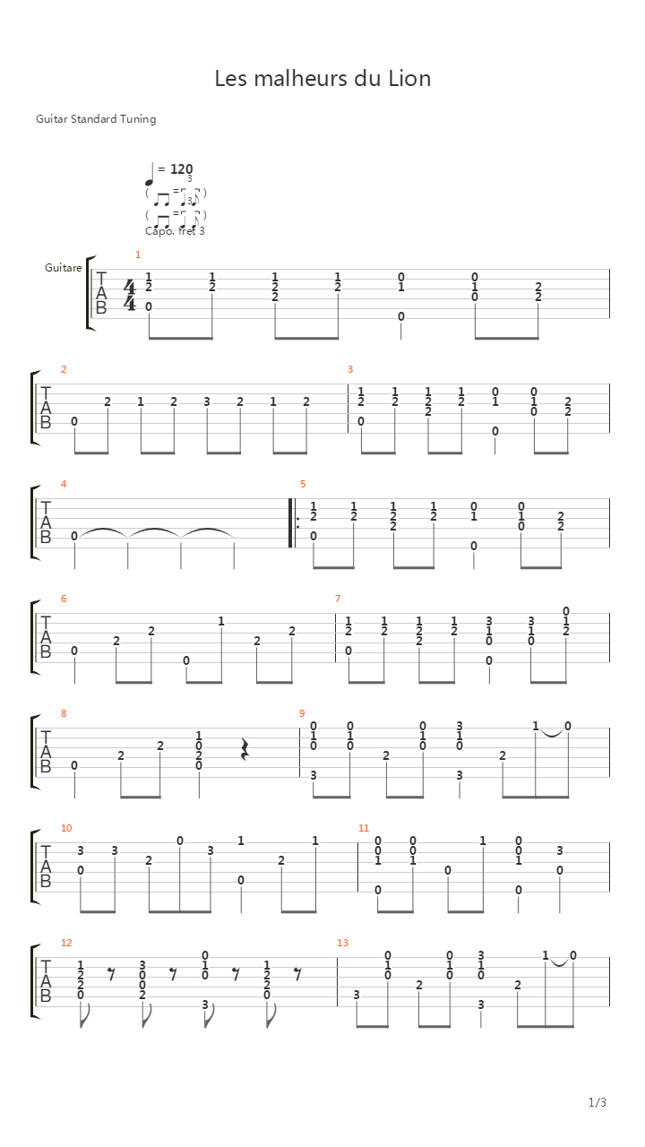 Les Malheurs Du Lion吉他谱