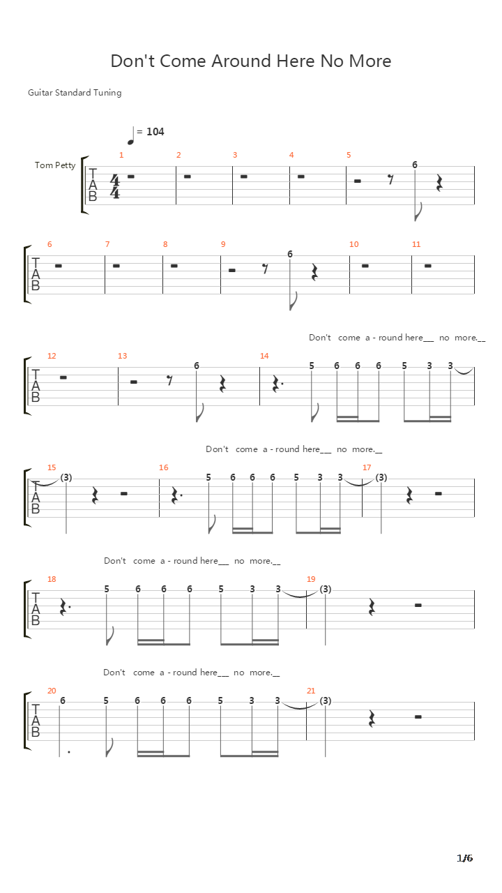 Dont Come Around Here No More吉他谱