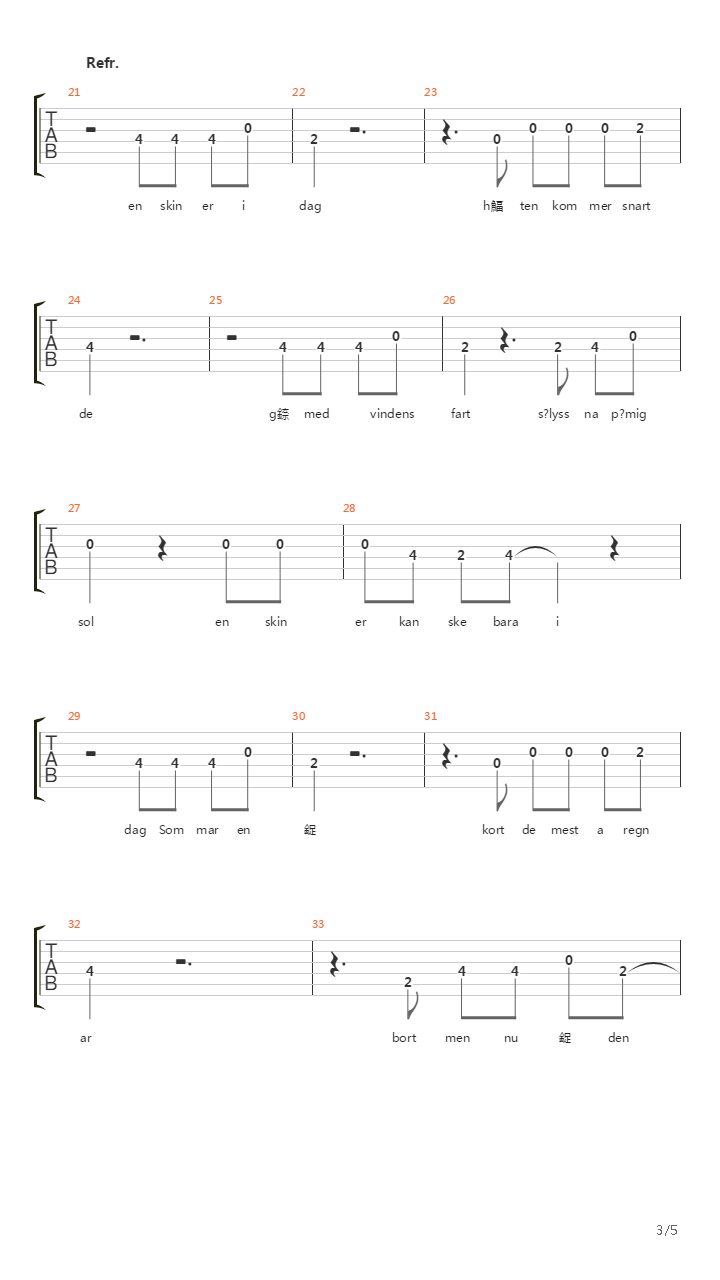 Sommaren Aer Kort吉他谱