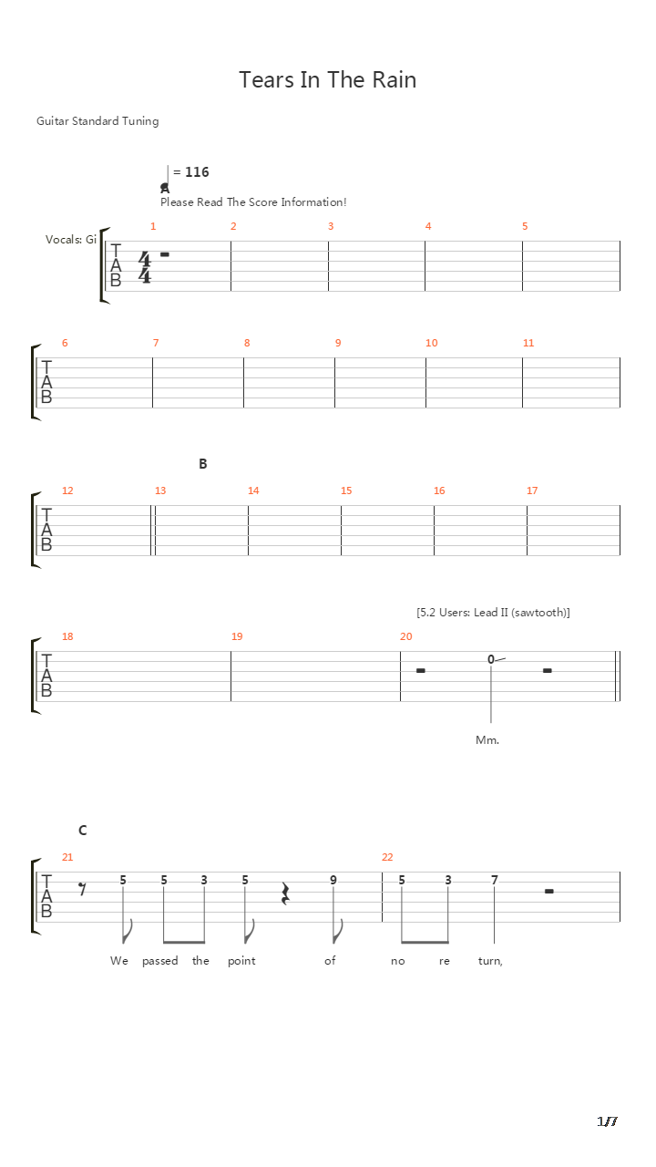 Tears In The Rain吉他谱