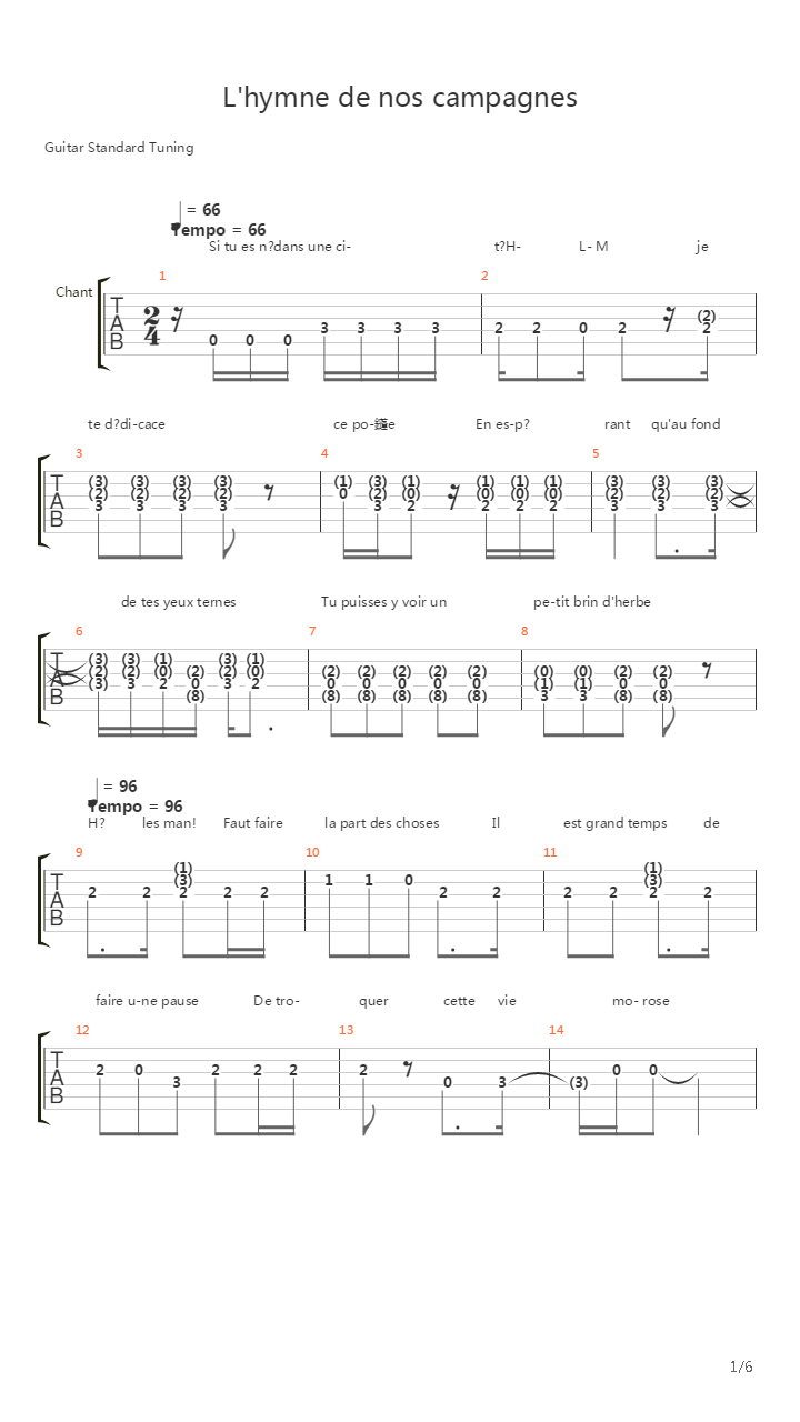 Lhymne De Nos Campagnes吉他谱