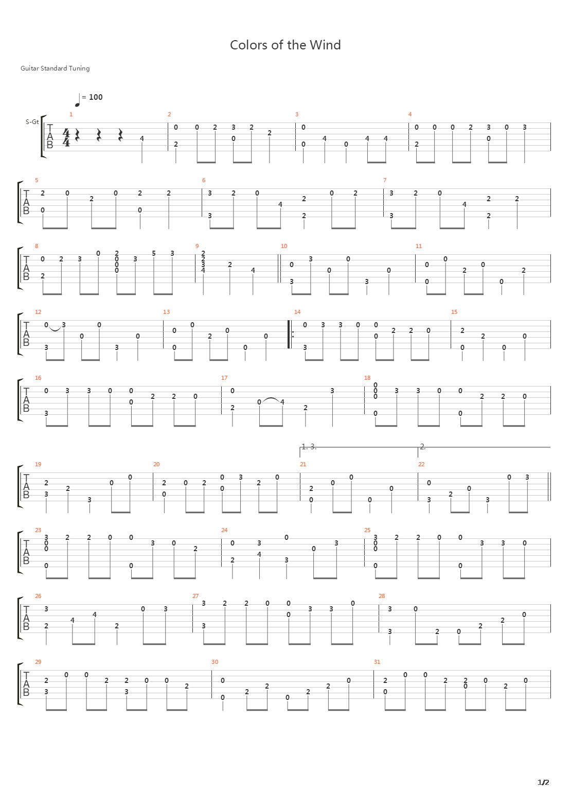 Colors Of The Wind吉他谱