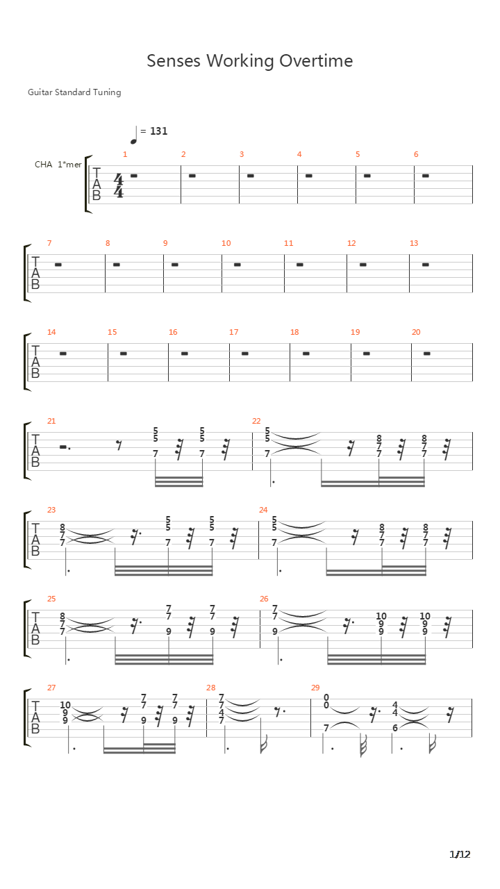 Senses Working Overtime吉他谱