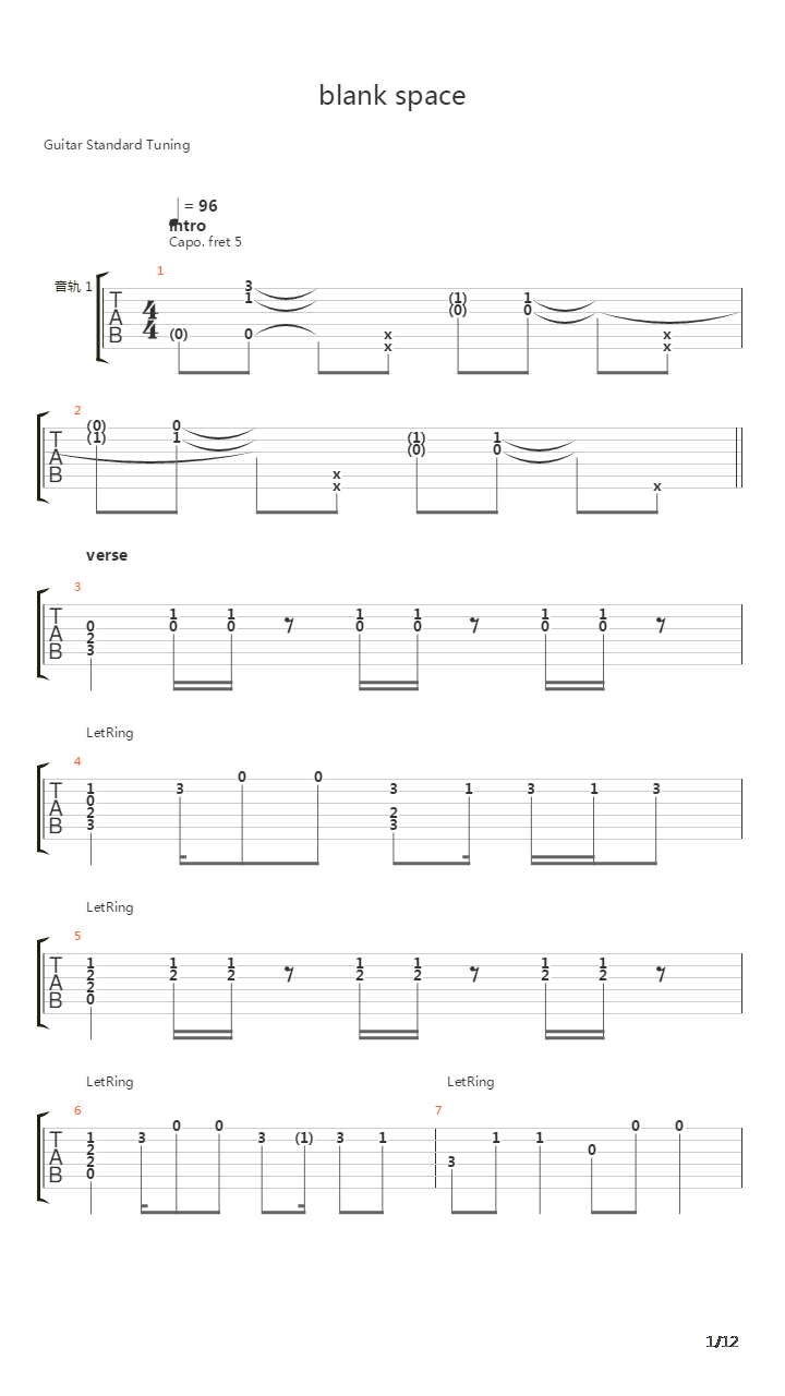blank space吉他谱
