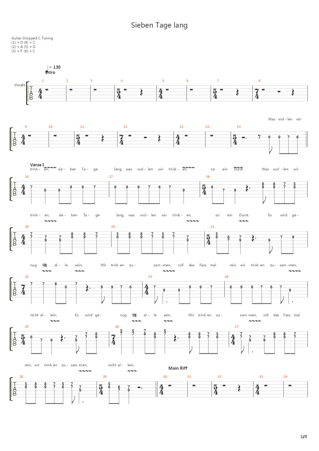 Sieben Tage Lang吉他谱