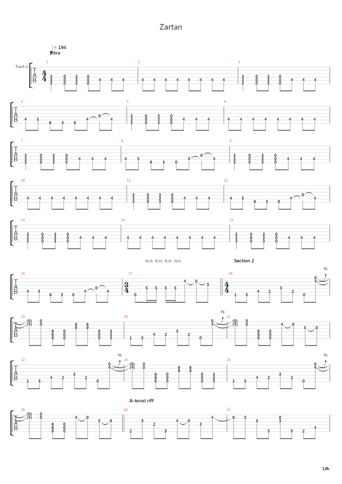 Zartan吉他谱