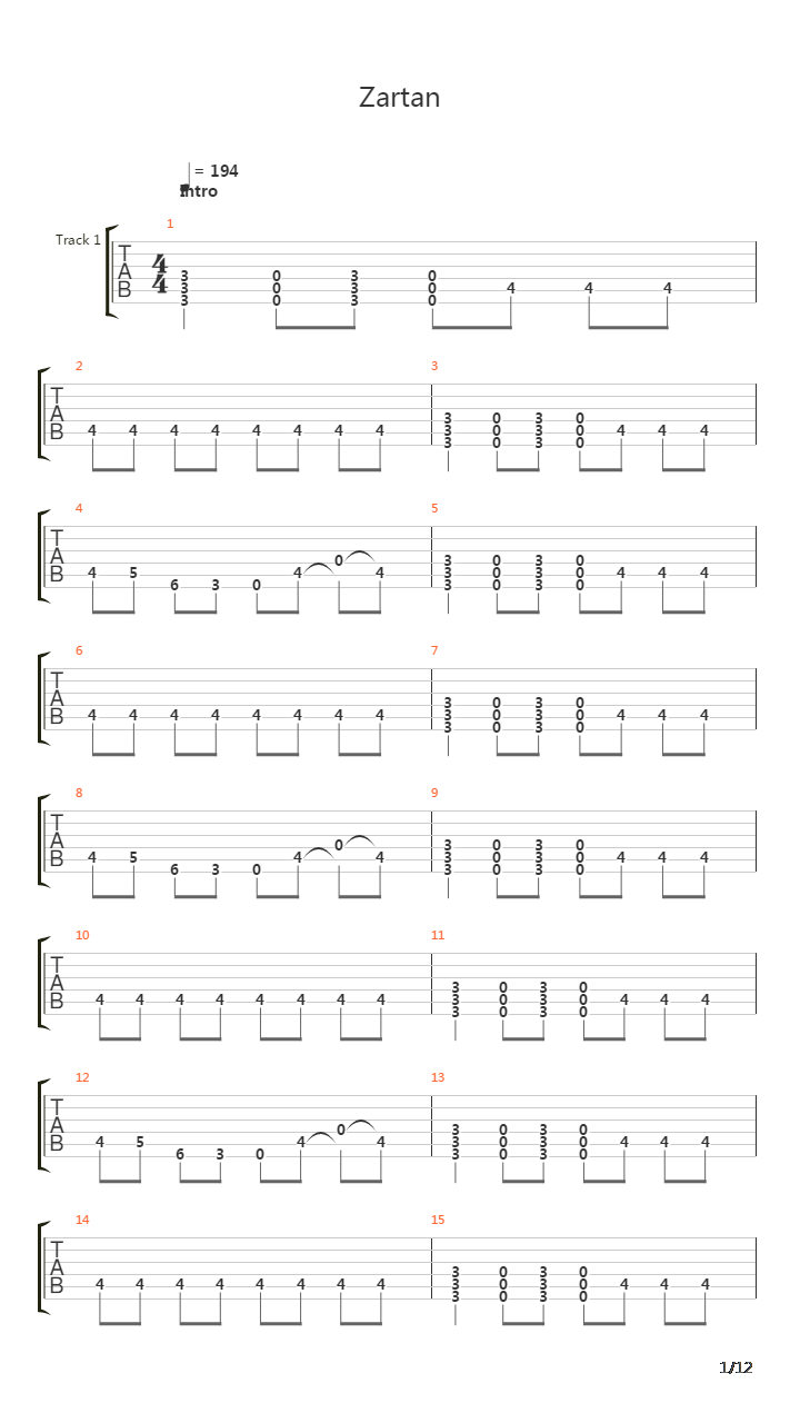 Zartan吉他谱
