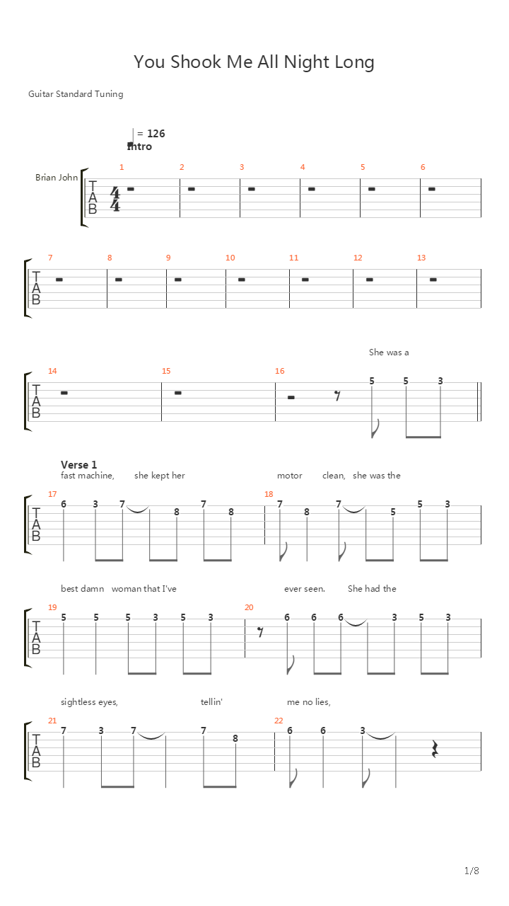 You Shook Me All Night Long吉他谱