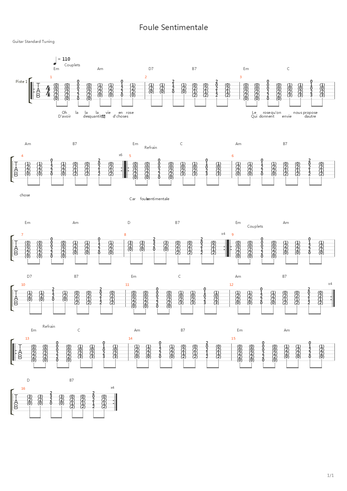 Foule Sentimentale吉他谱