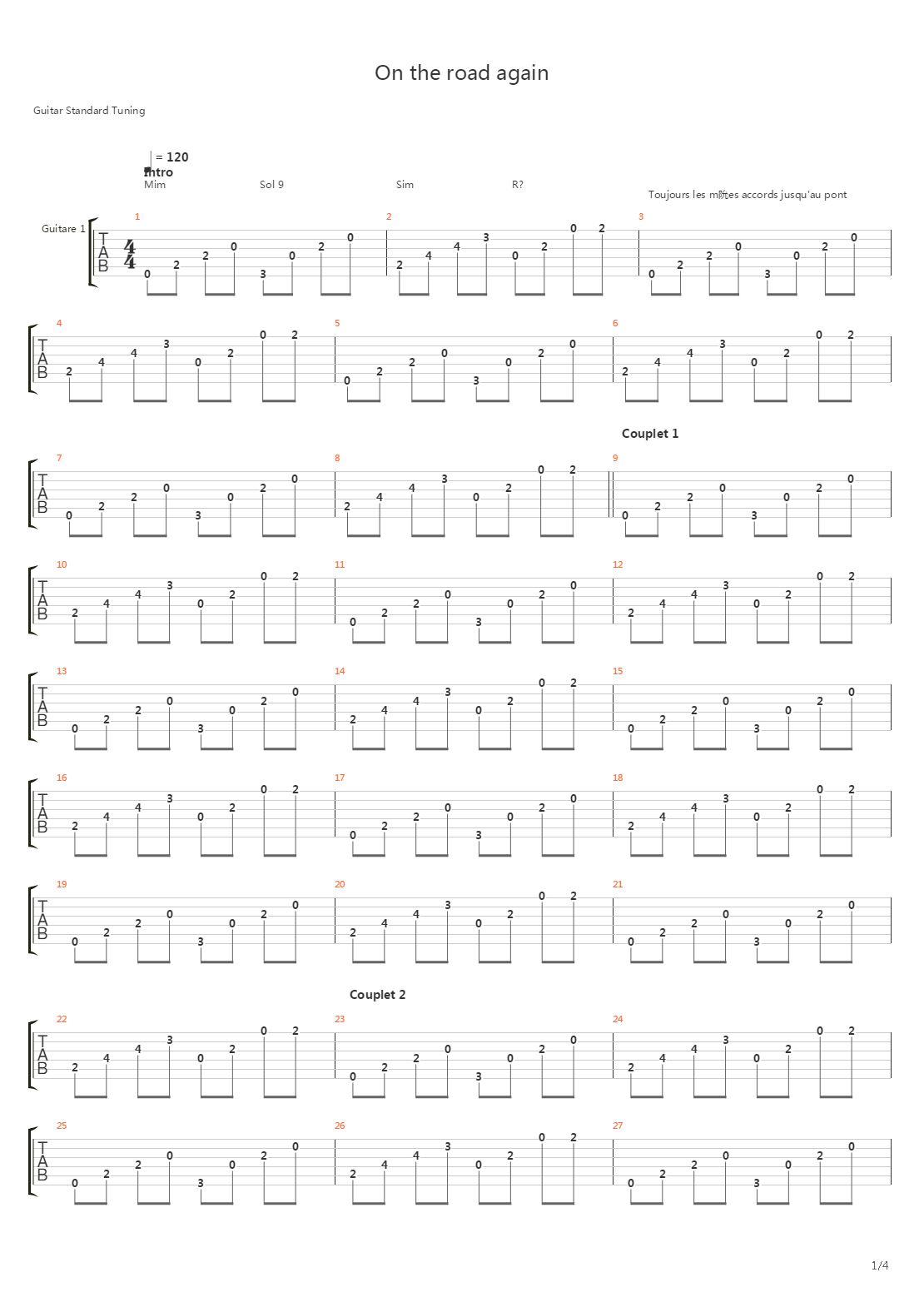 On the road again吉他谱