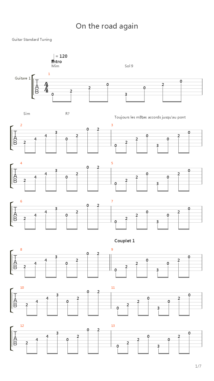 On the road again吉他谱
