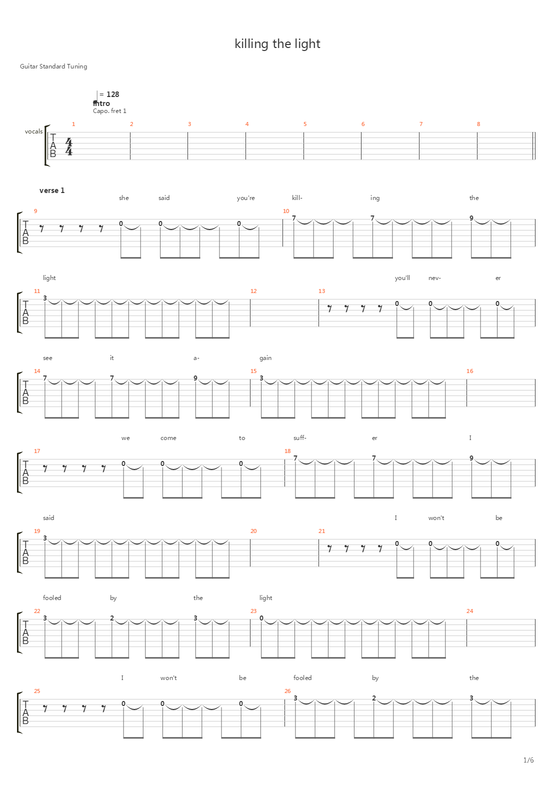 Killing The Light吉他谱