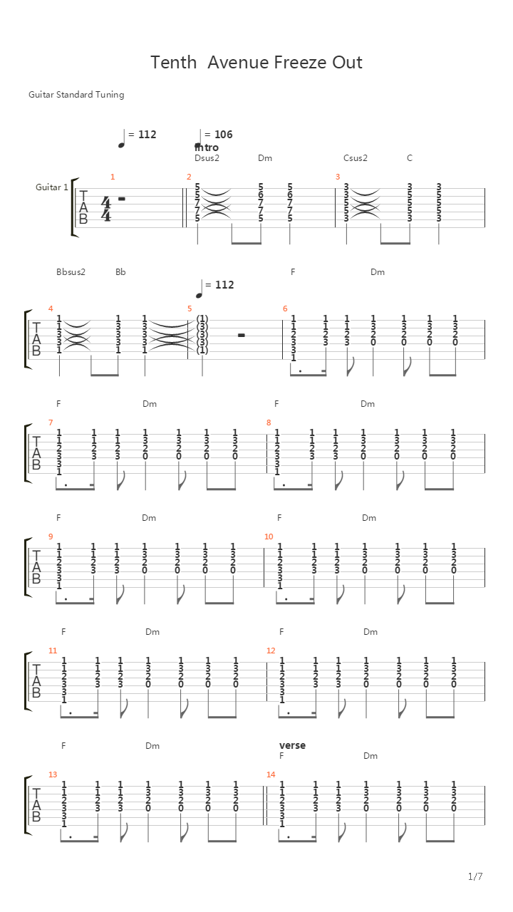 Tenth Avenue Freeze Out吉他谱