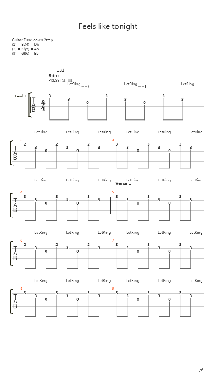 Feels Like Tonight吉他谱