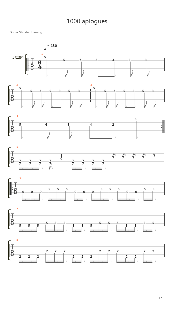 One Thousand Apologies吉他谱