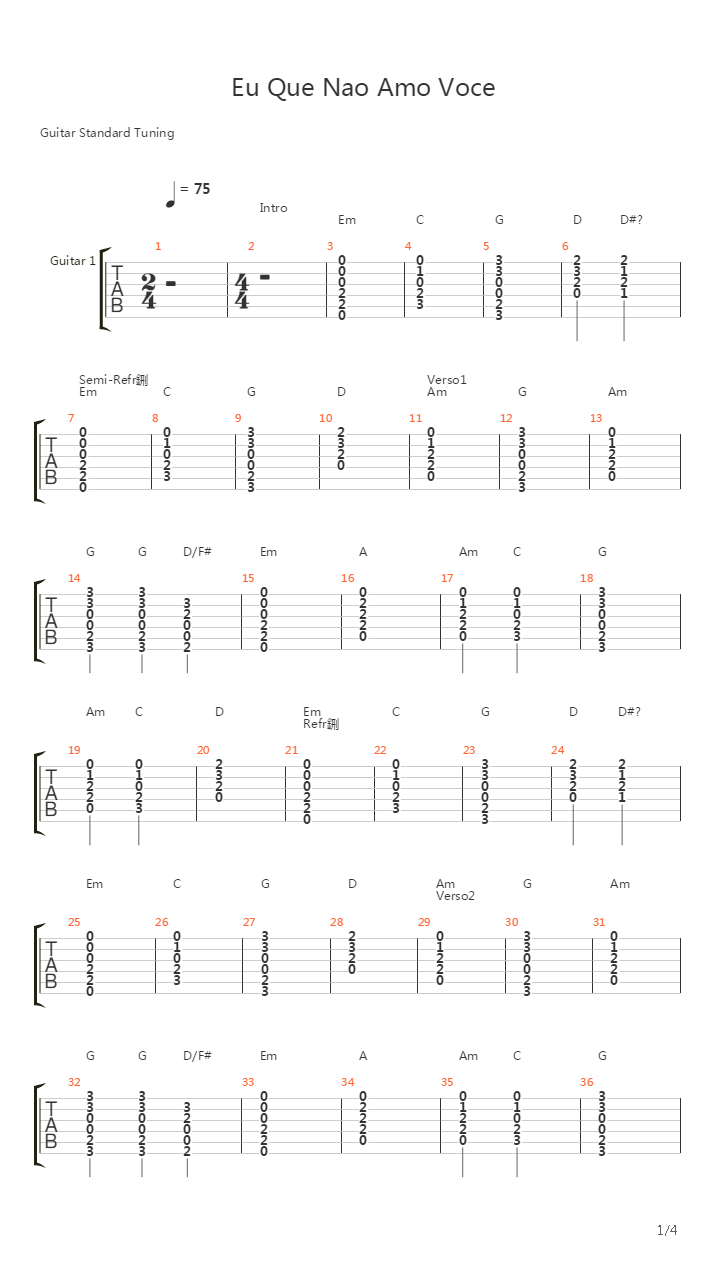 Eu Que Nao Amo Voce吉他谱