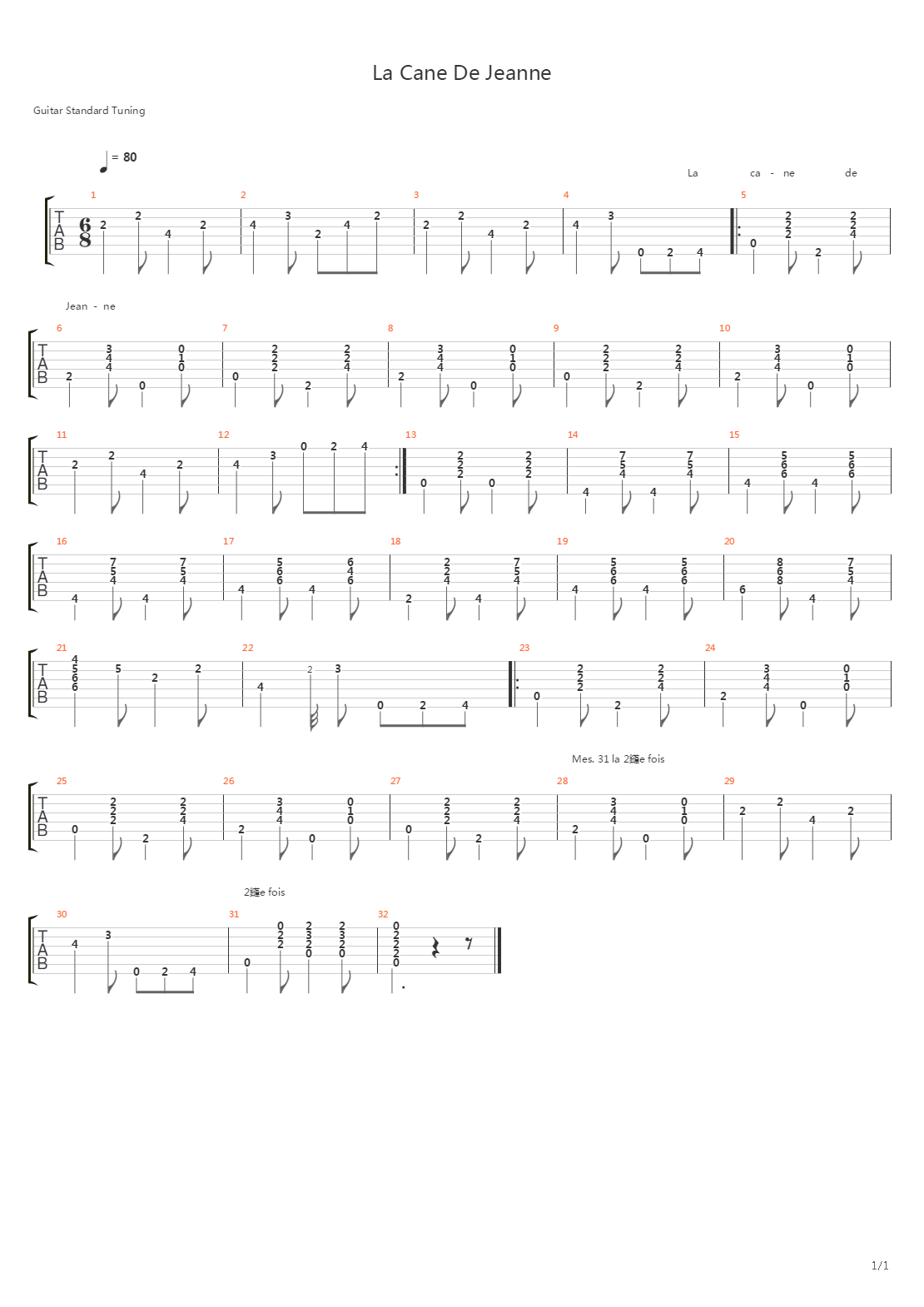 La Cane De Jeanne吉他谱